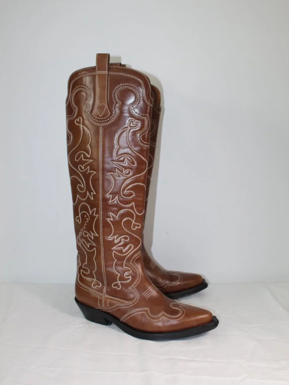 Ganni Knee High Leather Cowboy Western Boots Embroidered Brown Leather 40